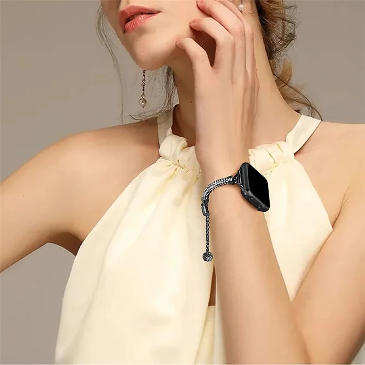 For Apple Watch Series 10 42mm / 9 8 7 41mm / 6 5 4 SE SE (2022) SE (2023) 40mm / 3 2 1 38mm Stylish Bracelet Rhinestone Decor Metal Watch Band Wrist Strap Replacement - Black