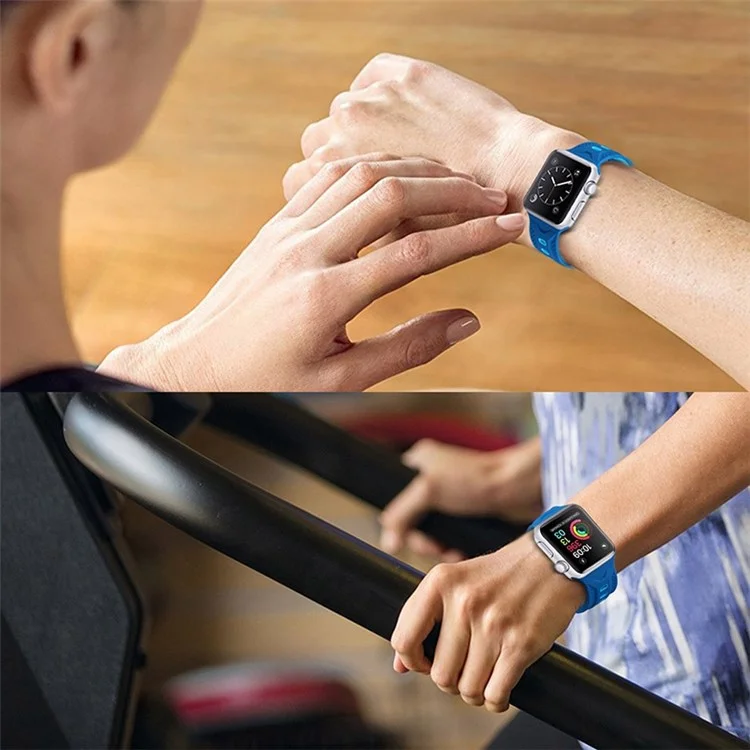 For Apple Watch Series 10 46mm / Ultra 2 Ultra 49mm / 9 8 7 45mm / SE (2023) SE (2022) SE 6 5 4 44mm / 3 2 1 42mm Color Splicing Design Square Hole Rhombus Watch Silicone Strap - Baby Blue / Dark Blue