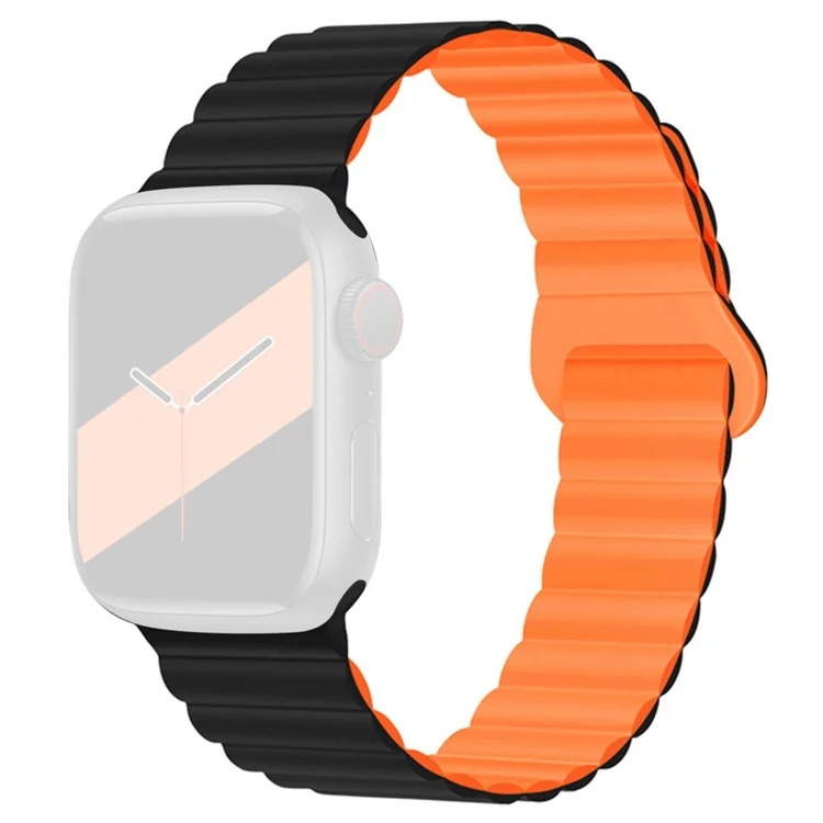 para a série apple watch 7 45mm / 6 / 5 / 4 / se 44mm / 3 / 2 / 1 42 mm de relógio de silicone strap band de vigilância magnética flexível - preto / laranja