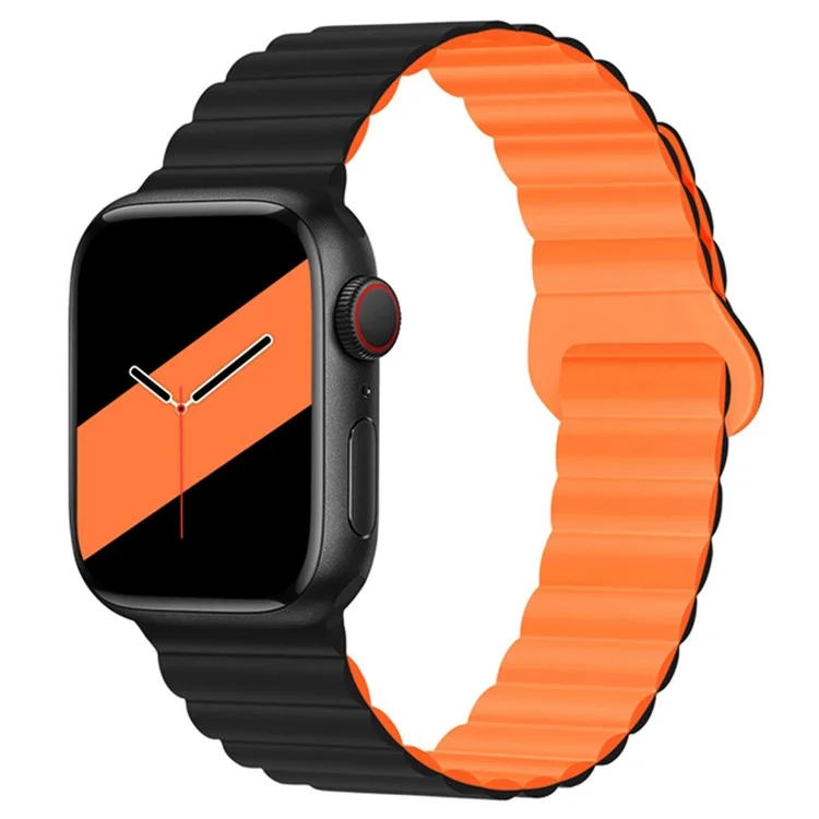 para a série apple watch 7 45mm / 6 / 5 / 4 / se 44mm / 3 / 2 / 1 42 mm de relógio de silicone strap band de vigilância magnética flexível - preto / laranja