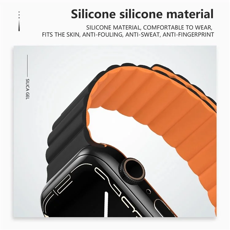 para a série apple watch 7 45mm / 6 / 5 / 4 / se 44mm / 3 / 2 / 1 42 mm de relógio de silicone strap band de vigilância magnética flexível - preto / laranja