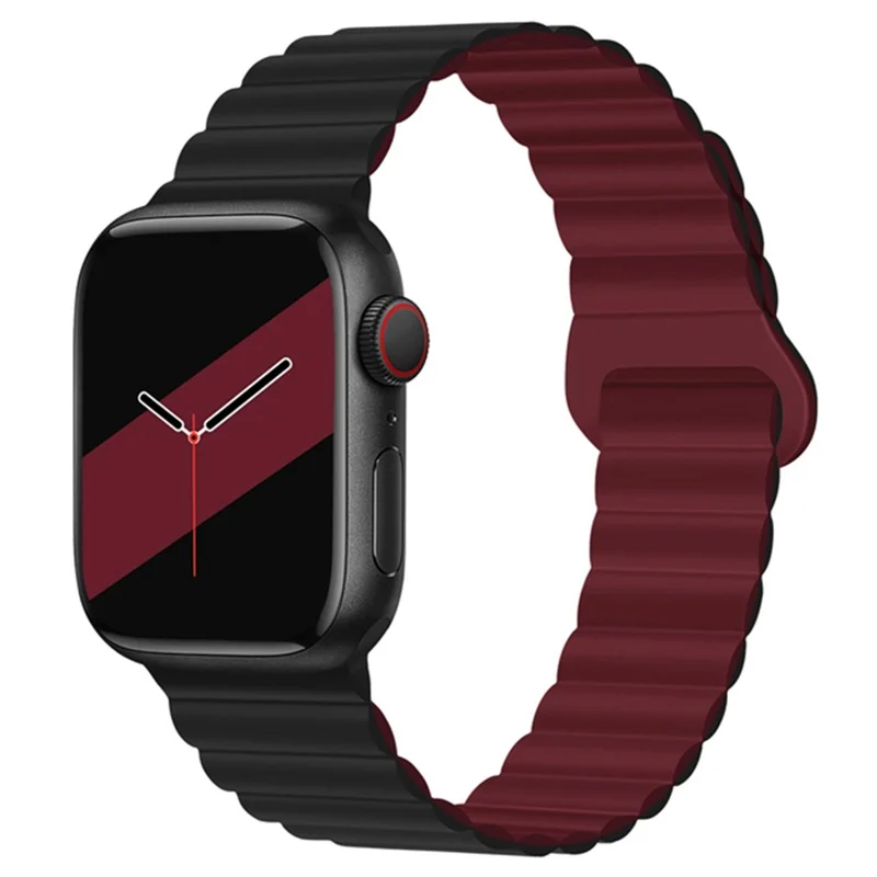 For Apple Watch Ultra 3 2 1 49mm / Series 11 10 46mm / 9 8 7 45mm / SE3 SE2 SE 6 5 4 44mm / 3 2 1 42mm Silicone Strap Magnetic Watchband - Black / Wine Red