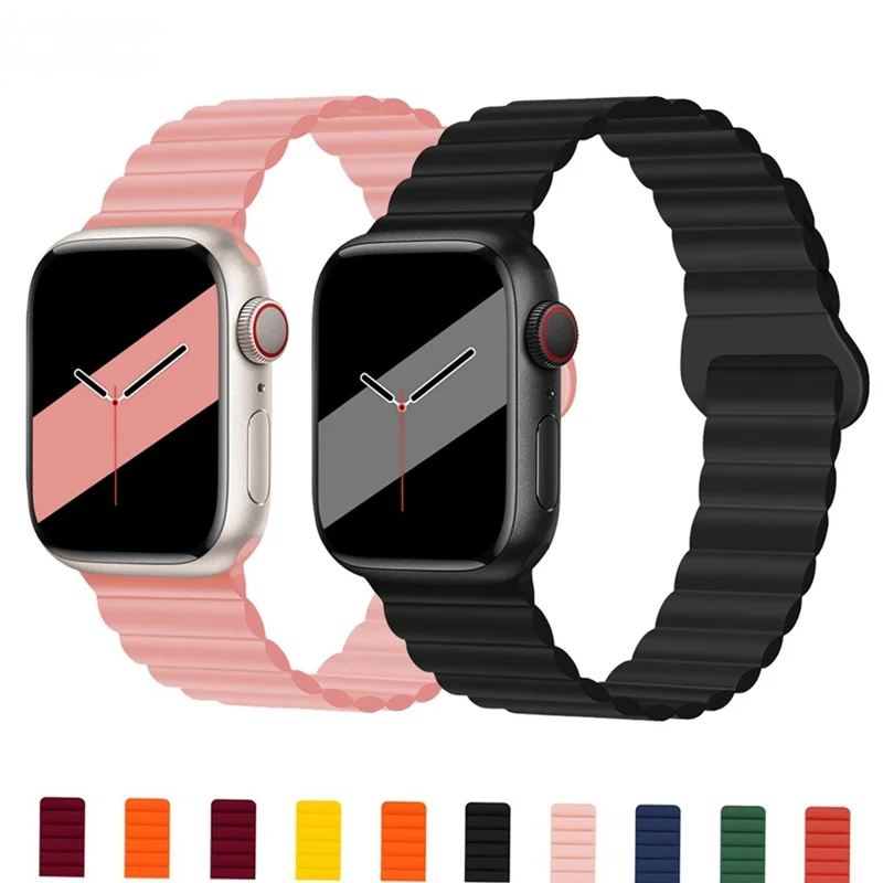For Apple Watch Ultra 3 2 1 49mm / Series 11 10 46mm / 9 8 7 45mm / SE3 SE2 SE 6 5 4 44mm / 3 2 1 42mm Silicone Strap Magnetic Watchband - Black / Wine Red
