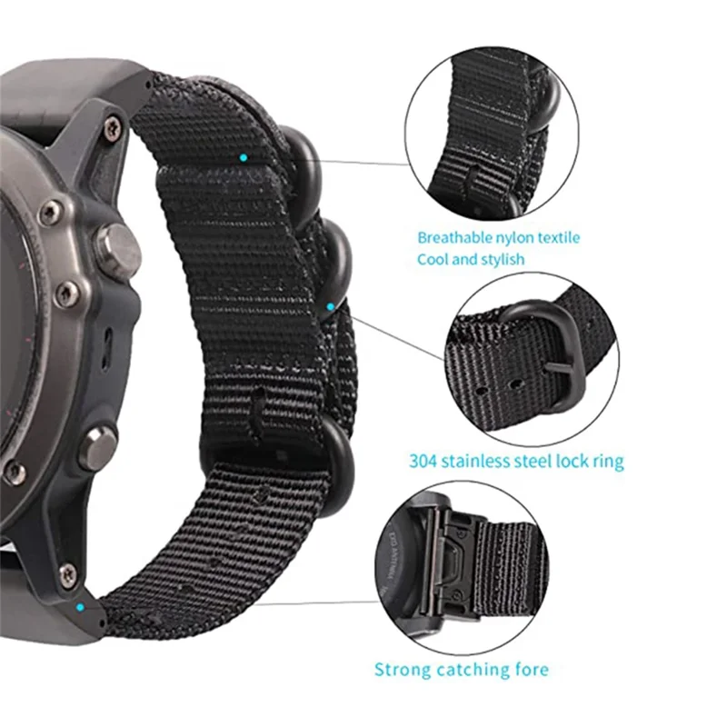 For Garmin Fenix 7X  /  6X Pro  /  Tactix7 Adjustable Wrist Band 26mm Nylon Watch Strap Replacement Watchband - Black