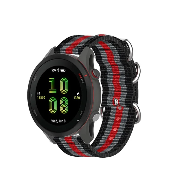 Para Garmin Forerunner 255 22mm Nylon Canvas Terbil Substituição da Banda Com 3 Anéis de Aço Inoxidável - Preto / Cinza / Vermelho / Preto / Cinza