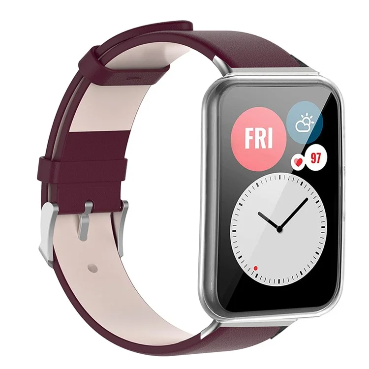 For Huawei Watch Fit 2 Leather Watch Strap Quick Release Wrist Band Sports Watch Watchband Replacement - Wine Red