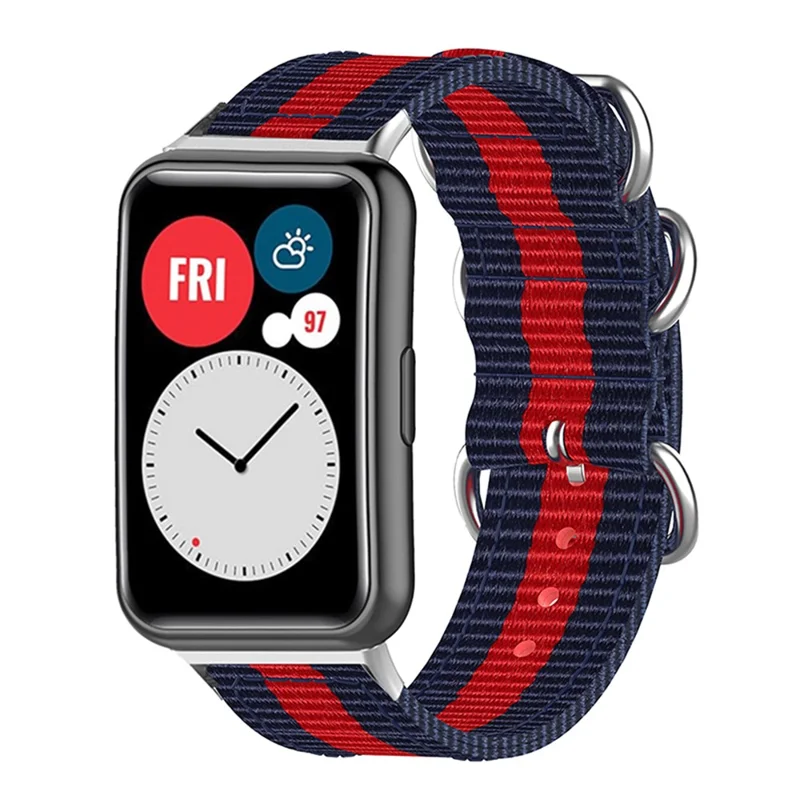 For Huawei Watch Fit 2 Nylon Quick Release Watch Band Stainless Steel Rings Buckle Canvas Replacement Strap - Blue / Red / Blue