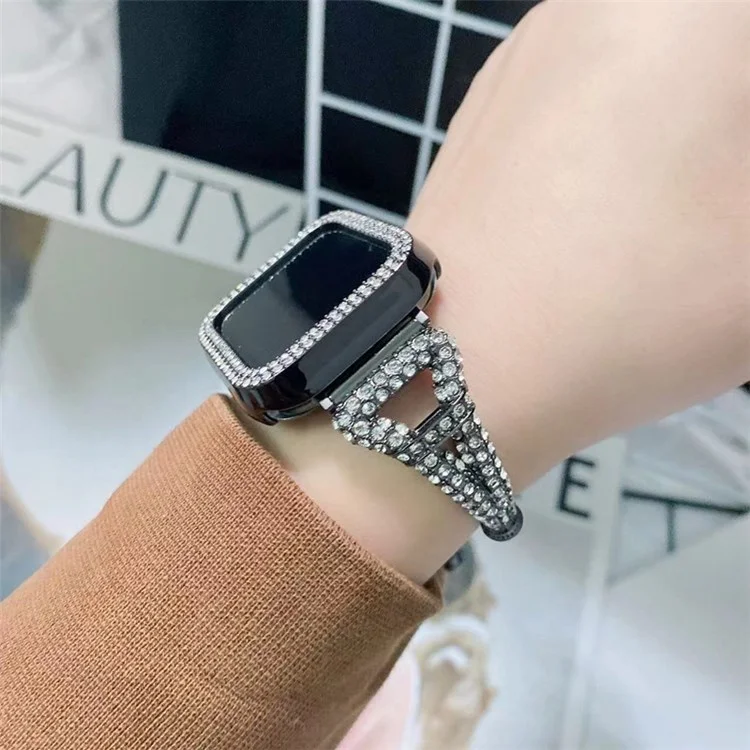 For Apple Watch Series 10 42mm / 9 8 7 41mm / 6 5 4 SE SE (2022) SE (2023) 40mm / 3 2 1 38mm Metal Smart Watch Band Bracelet Rhinestone Decor Wrist Strap Replacement - Black