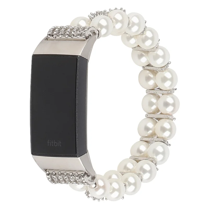 For Fitbit Charge 3 / 4 Two Rows Stylish Pearl Bracelet Wrist Strap Replacement Watch Band - White