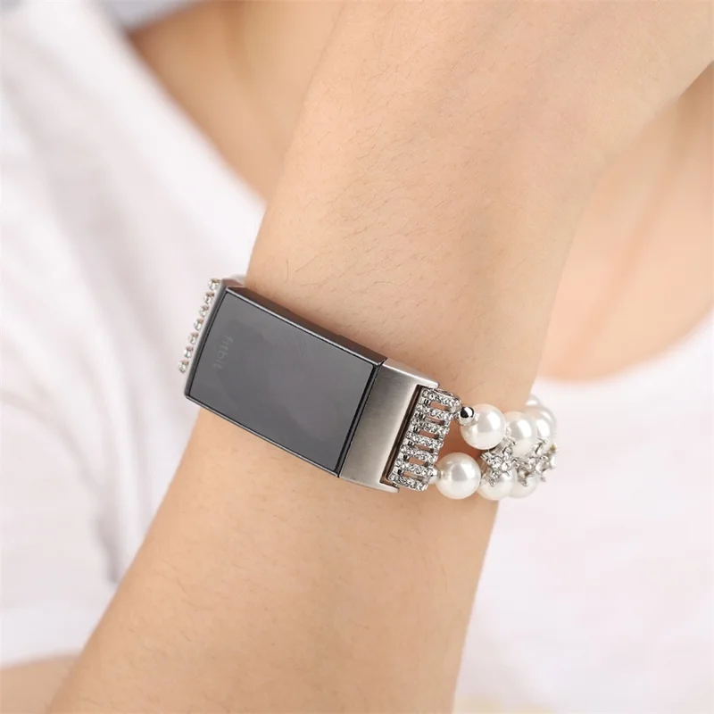For Fitbit Charge 3 / 4 Two Rows Stylish Pearl Bracelet Wrist Strap Replacement Watch Band - White