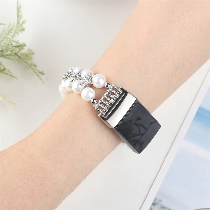 For Fitbit Charge 3 / 4 Two Rows Stylish Pearl Bracelet Wrist Strap Replacement Watch Band - White