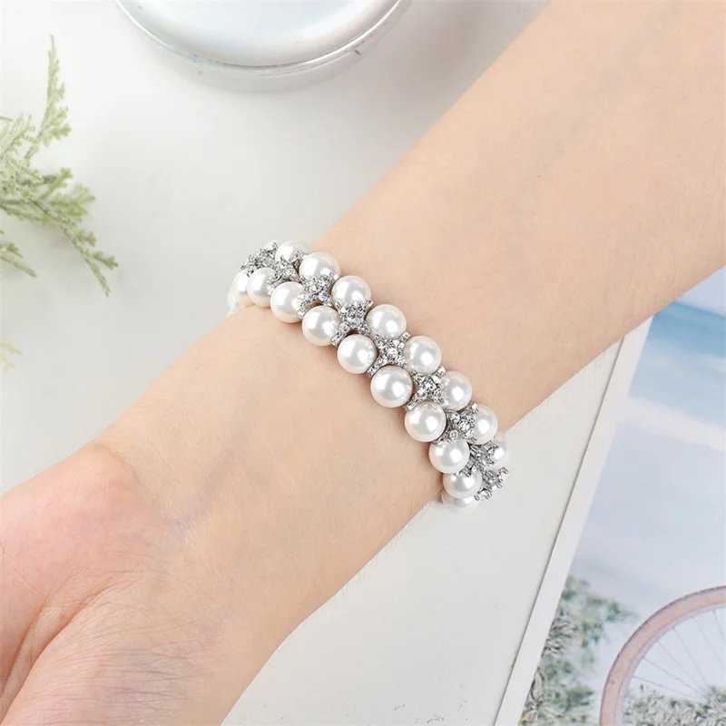 For Fitbit Charge 3 / 4 Two Rows Stylish Pearl Bracelet Wrist Strap Replacement Watch Band - White