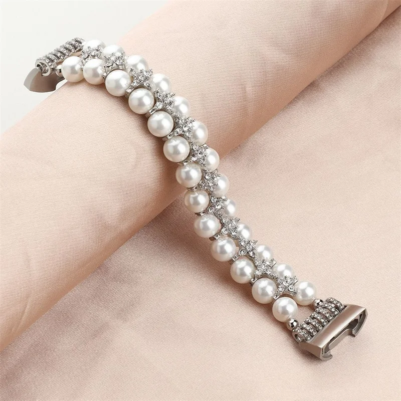 For Fitbit Charge 3 / 4 Two Rows Stylish Pearl Bracelet Wrist Strap Replacement Watch Band - White