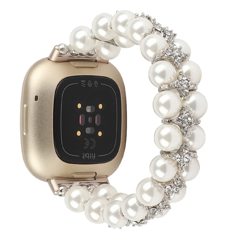 Для Fitbit Versa 3 / Sense Two Rows Rhinestone Pearl Bracelet Wrist Strap Replacement Smart Watch Band - White