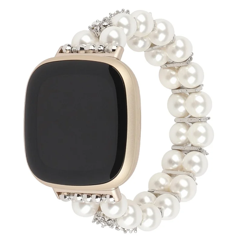 Для Fitbit Versa 3 / Sense Two Rows Rhinestone Pearl Bracelet Wrist Strap Replacement Smart Watch Band - White