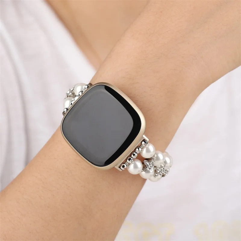 Для Fitbit Versa 3 / Sense Two Rows Rhinestone Pearl Bracelet Wrist Strap Replacement Smart Watch Band - White