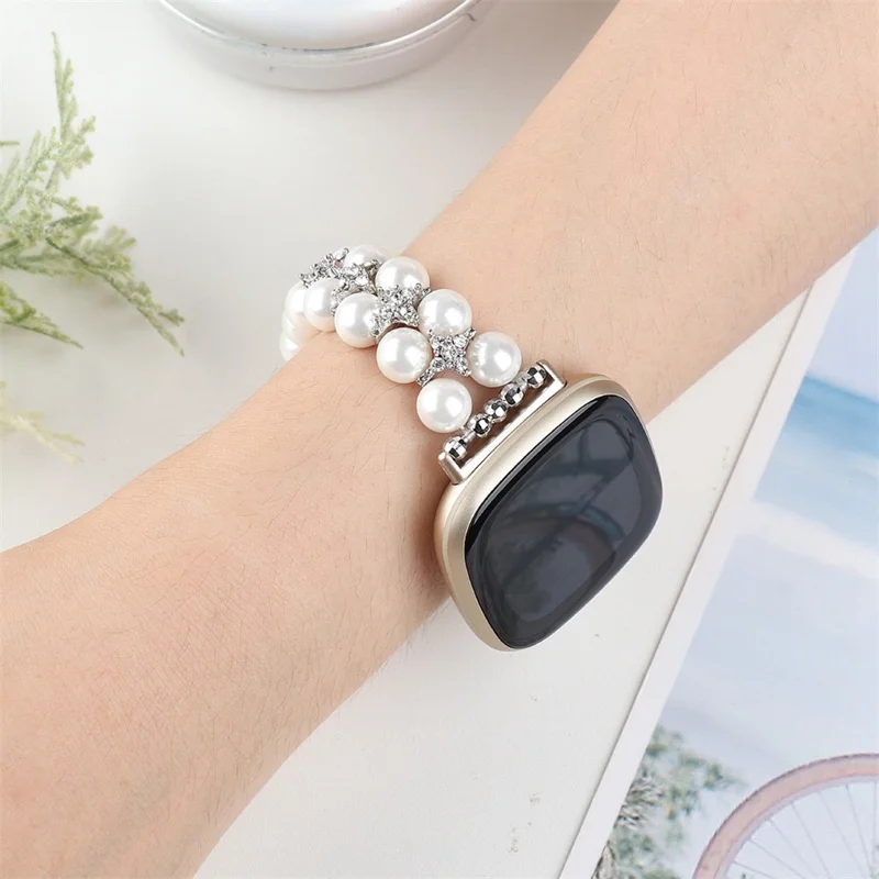 Для Fitbit Versa 3 / Sense Two Rows Rhinestone Pearl Bracelet Wrist Strap Replacement Smart Watch Band - White