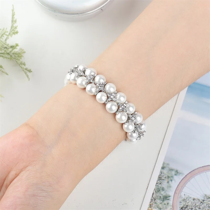 Для Fitbit Versa 3 / Sense Two Rows Rhinestone Pearl Bracelet Wrist Strap Replacement Smart Watch Band - White