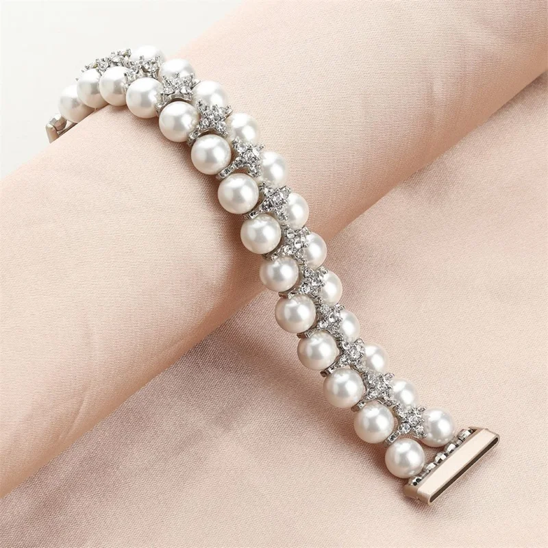 Для Fitbit Versa 3 / Sense Two Rows Rhinestone Pearl Bracelet Wrist Strap Replacement Smart Watch Band - White