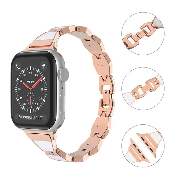 pour apple watch series 7 41mm / série 6 / 5 / 4 / se 40 mm / série 1 / 2 / 38 mm de style coque en métal smart watch strap remplacement du bracelet de bracelet - or rose / blanche