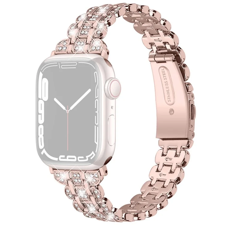Watch Strap for Apple Watch Series 10 9 8 7 SE 6 5 4 3 2 1 42mm 41mm 40mm 38mm Stainless Steel Rhinestone Bracelet Band - Rose Pink