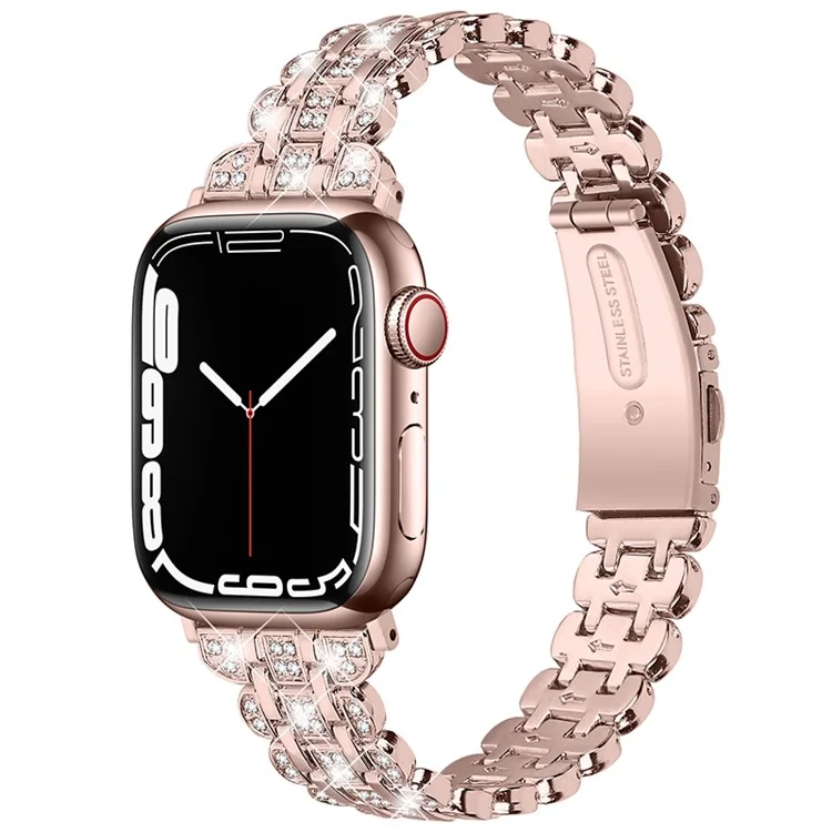 Watch Strap for Apple Watch Series 10 9 8 7 SE 6 5 4 3 2 1 42mm 41mm 40mm 38mm Stainless Steel Rhinestone Bracelet Band - Rose Pink