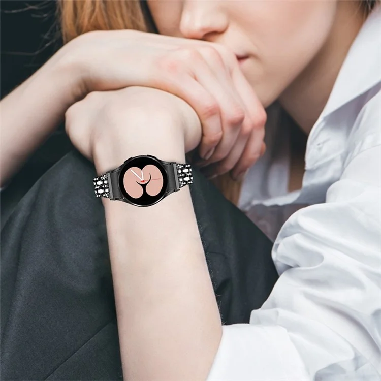Para Samsung Galaxy Watch4 Active 40mm/44mm / Watch4 Classic 42mm/46mm Correa de Reloj de Metal con 5 Cuentas y 3 Filas de Adornos de Cristales Rhinestone - Negro / Blanco