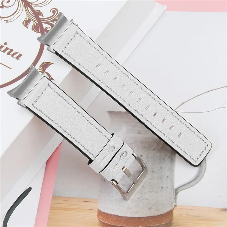 For Samsung Galaxy Watch4 Classic 42mm / 46mm  /  Watch4 Active 40mm / 44mm Cowhide Genuine Leather Watch Band Adjustable Replacement Strap - White