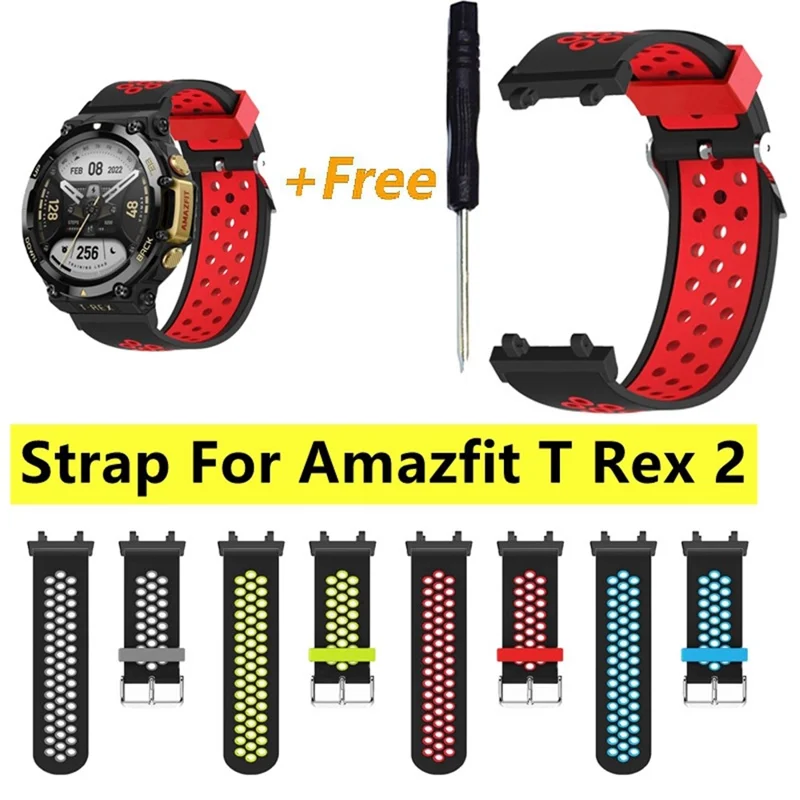 For Huami Amazfit T-Rex 2 Dual Color Watch Band Silicone Replacement Wrist Strap with Three Rows Holes - Black / Red