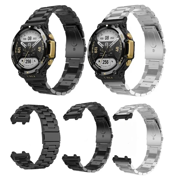 Pour Huami Amazfit T-Rex 2 Acier Inoxydable Bracelet de Montre Boucle Pliante Trois Perles Bracelet - Noir