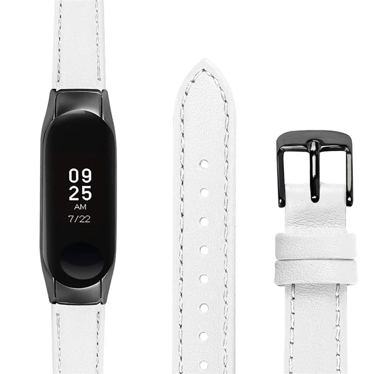 For Xiaomi Mi Band 7 Genuine Cowhide Leather Watch Strap Replacement Watchband with Black Watch Case - White