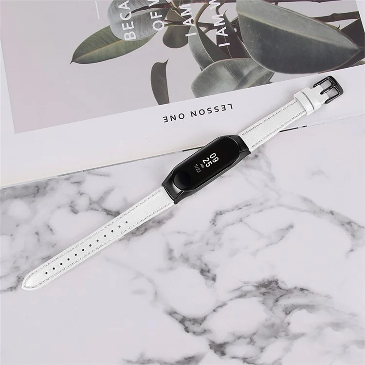 For Xiaomi Mi Band 7 Genuine Cowhide Leather Watch Strap Replacement Watchband with Black Watch Case - White