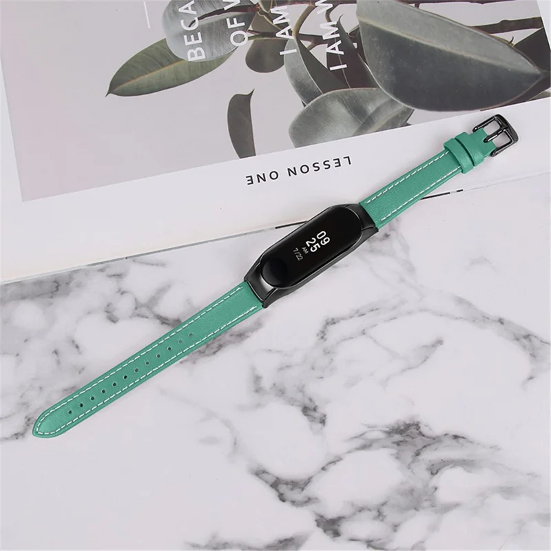 For Xiaomi Mi Band 7 Genuine Cowhide Leather Watch Strap Replacement Watchband with Black Watch Case - Green