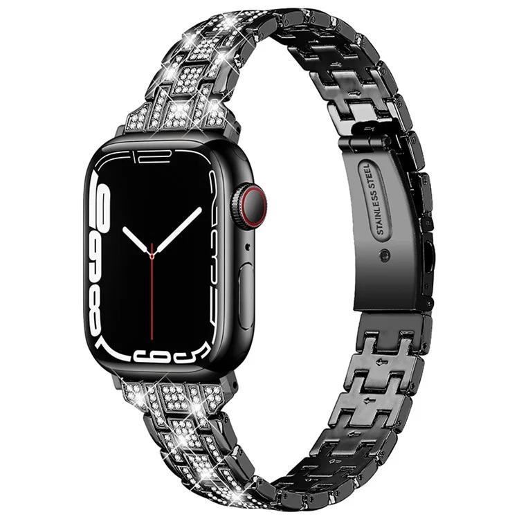 Pour Apple Watch Series 10 46mm / Ultra 2 Ultra 49mm / Series 9 8 7 45mm / SE (2023) SE (2022) SE 6 5 4 44mm / 3 2 1 42mm Rhinestone + Acier Inoxydable 5 Rangs Bracelet de Montre à la Mode - Noir