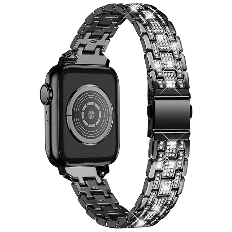 Pour Apple Watch Series 10 46mm / Ultra 2 Ultra 49mm / Series 9 8 7 45mm / SE (2023) SE (2022) SE 6 5 4 44mm / 3 2 1 42mm Rhinestone + Acier Inoxydable 5 Rangs Bracelet de Montre à la Mode - Noir