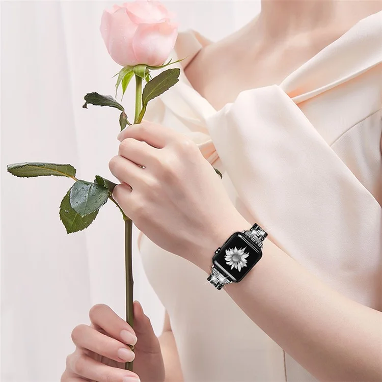 For Apple Watch Series 10 42mm / 9 8 7 41mm / 6 5 4 SE SE (2022) SE (2023) 40mm / 3 2 1 38mm Rhinestone + Stainless Steel 5 Rows Watch Band Double Buckle Wrist Strap - Black
