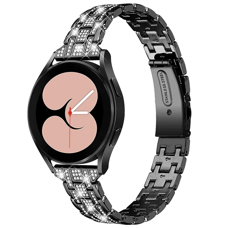 For Samsung Galaxy Watch3 41mm / Watch 42mm Double Buckle Design 5 Rows Rhinestone Stainless Steel Watch Band Wrist Strap 20mm - Black