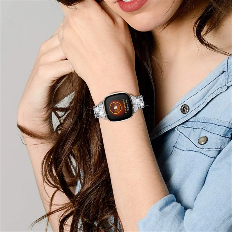 Для Fitbit Versa 3 / Sense 5 рядов Rhinestone Stainless Steel Double Buckle Watch Band Wrist Strap - серебро