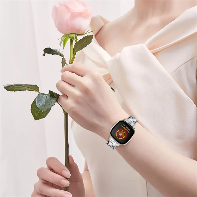 Для Fitbit Versa 3 / Sense 5 рядов Rhinestone Stainless Steel Double Buckle Watch Band Wrist Strap - серебро