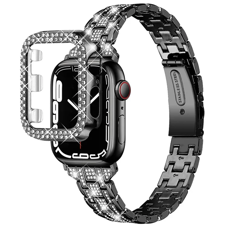 Для Apple Watch Series 7 41 мм 5-рядный браслет из нержавеющей стали с декором из страз и двухслойной застежкой + корпус для часов из ПК - черный