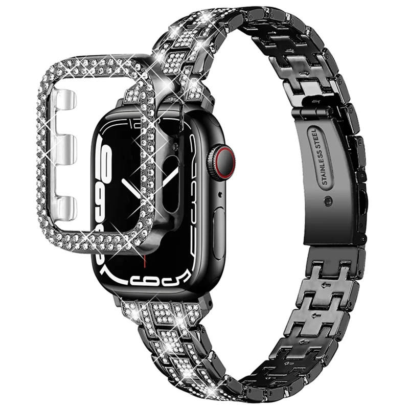 For Apple Watch SE / SE(2022) / Series 4 / 5 / 6 40mm 5 Rows Stainless Steel Rhinestone Decor Watch Band with Anti-scratch Hard PC Watch Case - Black