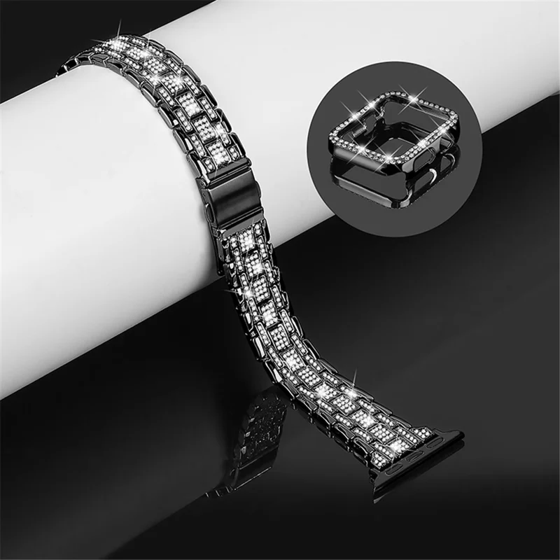 For Apple Watch SE / SE(2022) / Series 4 / 5 / 6 40mm 5 Rows Stainless Steel Rhinestone Decor Watch Band with Anti-scratch Hard PC Watch Case - Black