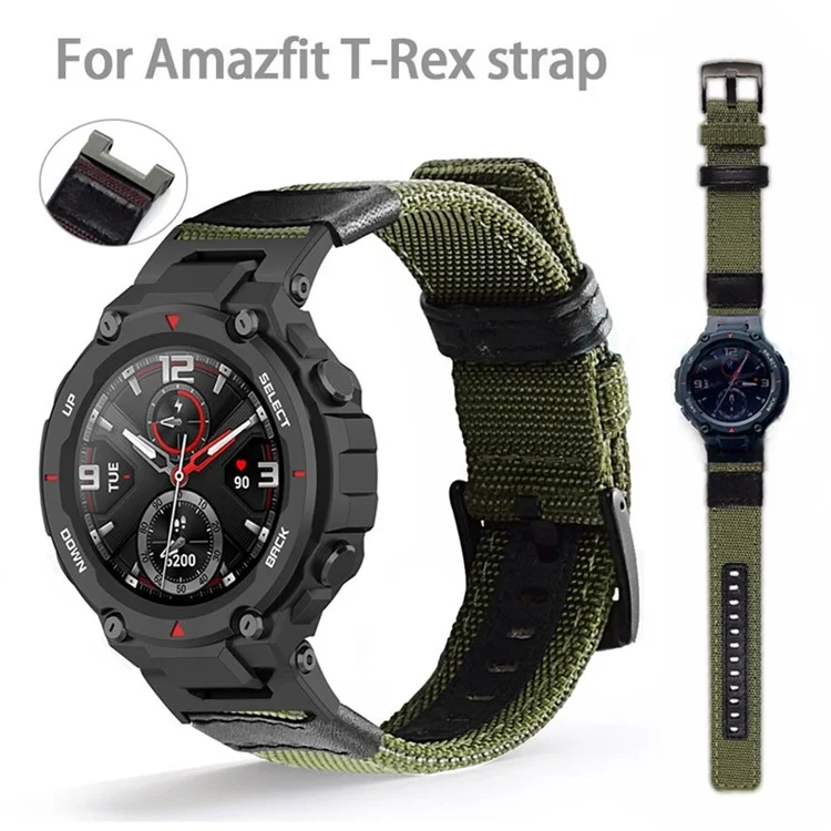 For Huami Amazfit T-Rex  /  T-Rex Pro  /  Ares Watch Strap with Buckle Nylon+Leather Watch Band Universal 22mm Quick Release Watchband - Green