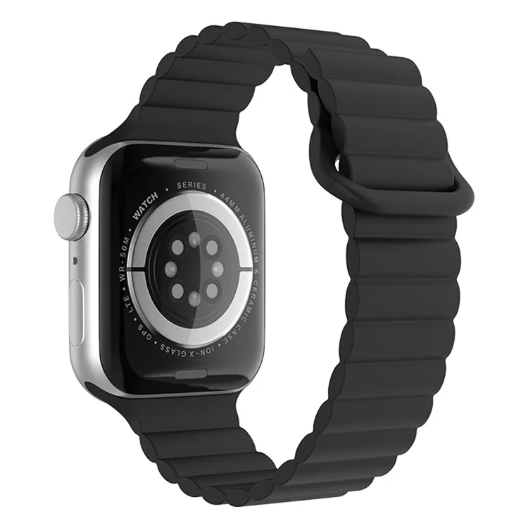 For Apple Watch Series 10 46mm / Ultra 2 Ultra 49mm / Series 9 8 7 45mm / SE (2023) SE (2022) SE 6 5 4 44mm / 3 2 1 42mm Magnetic Adsorption Silicone Strap Wrist Band with Tail Buckle - Black