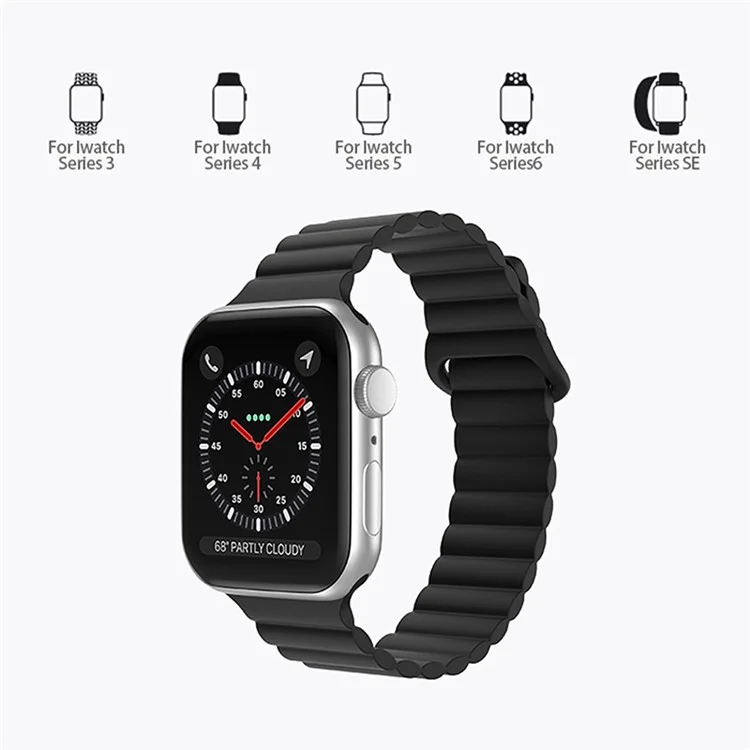 For Apple Watch Series 10 46mm / Ultra 2 Ultra 49mm / Series 9 8 7 45mm / SE (2023) SE (2022) SE 6 5 4 44mm / 3 2 1 42mm Magnetic Adsorption Silicone Strap Wrist Band with Tail Buckle - Black
