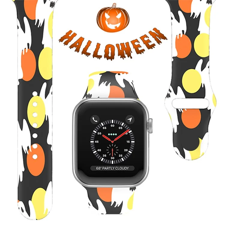 para a série apple watch 7 41mm / série 6 / 5 / 4 / se 40mm / série 3 / 2 / 1 38 mm de halloween padrão de silicone relógio de substituição de pulseira de pulso, tamanho: s / m - amarelo / fantasmas laranja