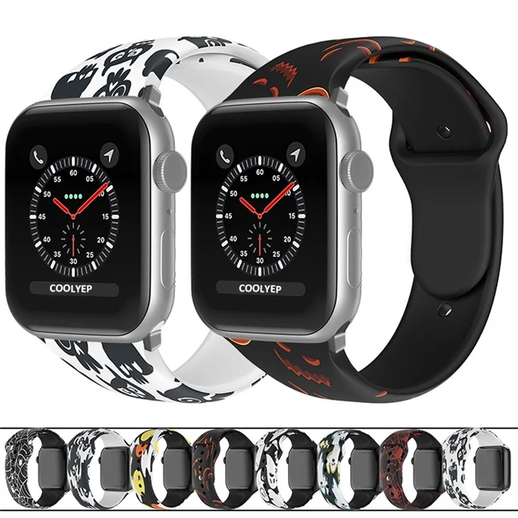 para a série apple watch 7 41mm / série 6 / 5 / 4 / se 40mm / série 3 / 2 / 1 38 mm de halloween padrão de silicone relógio de substituição de pulseira de pulso, tamanho: s / m - amarelo / fantasmas laranja