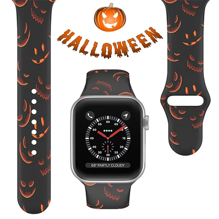 Para Apple Watch Series 10 46mm / Ultra 2 Ultra 49mm / Series 9 8 7 45mm / SE (2023) SE (2022) SE 6 5 4 44mm / 3 2 1 42mm Banda de Relógio Padrão de Halloween Silicone Pulseira, Tamanho: S / M - Abóboras Pretas