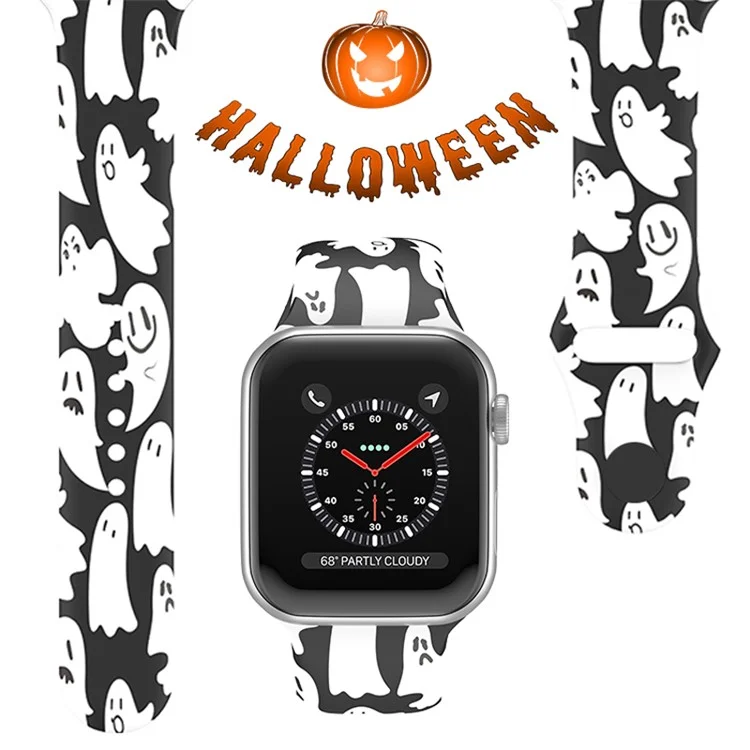 per apple watch series 7 45mm / serie 6 / 5 / 4 / se 44mm / serie 3 / 2 / 1 42 mm halloween floral watch watch shustband sostituzione, dimensioni: l - fantasmi bianchi