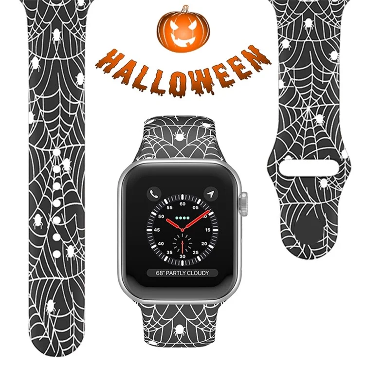 para a série apple watch 7 41mm / série 6 / 5 / 4 / se 40mm / série 3 / 2 / 1 38mm halloween floral watch band silicone substaction sport strap, tamanho: l - aranhas brancas